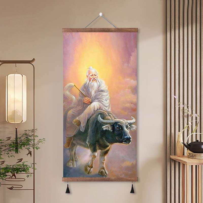 老子骑牛图太上老君装饰画卷轴挂画画像老子出关图客厅玄关墙壁画图片