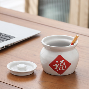 中式福字带盖陶瓷烟灰缸防飞尘办公室家用摆设中国风复古烟灰缸男
