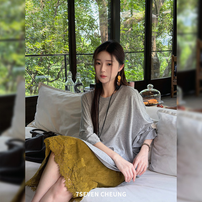 7SEVEN 天丝棉~慵懒花灰色 舒适蝙蝠袖设计休闲质感短袖上衣1768