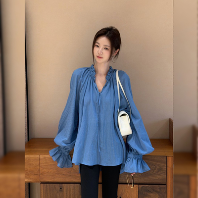 7SEVEN 雾蓝 法式宫廷风荷叶边系带衬衫女灯笼袖气质上衣8986