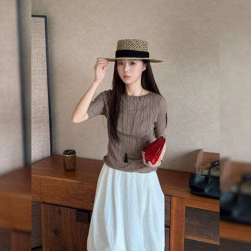 7SEVEN 新款醋酸亚麻设计师款女修身纹理百搭中袖针织上衣8644