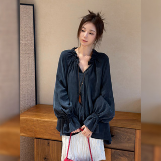 7SEVEN 100铜氨丝黑藏青木耳边系带衬衫女 韩版复古经典上衣8019
