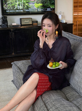 7SEVEN 100苎麻~轻奢静谧深藏青 木耳边V领设计感长袖衬衫女9140