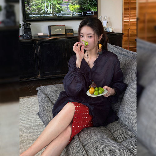 夏季亚麻V领木耳边长袖女衬衫