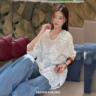 7SEVEN 天丝亚麻~山茶花白 重工刺绣设计感短袖上衣蕾丝雪纺衫女