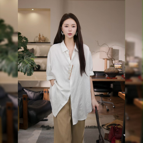 7SEVEN 简约风白色亚麻衬衫女宽松中长款七分袖翻领通勤上衣7093