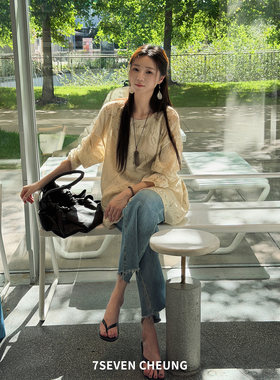 7SEVEN 烧花工艺~温柔暖米白 圆领设计精致优雅小衫长袖蕾丝衫女