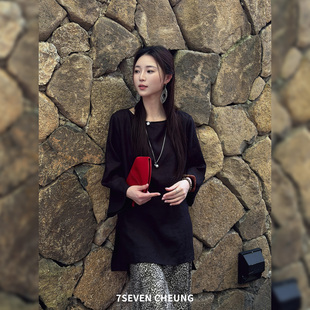 张七七 100亚麻~纯色休闲廓形插肩袖圆领百搭短袖宽松衬衫上衣女