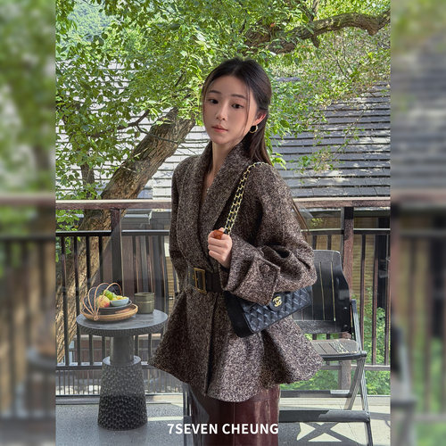 7SEVEN 彩纱黑棕色~雅致高级风 显瘦气质双排扣收腰羊毛外套3441