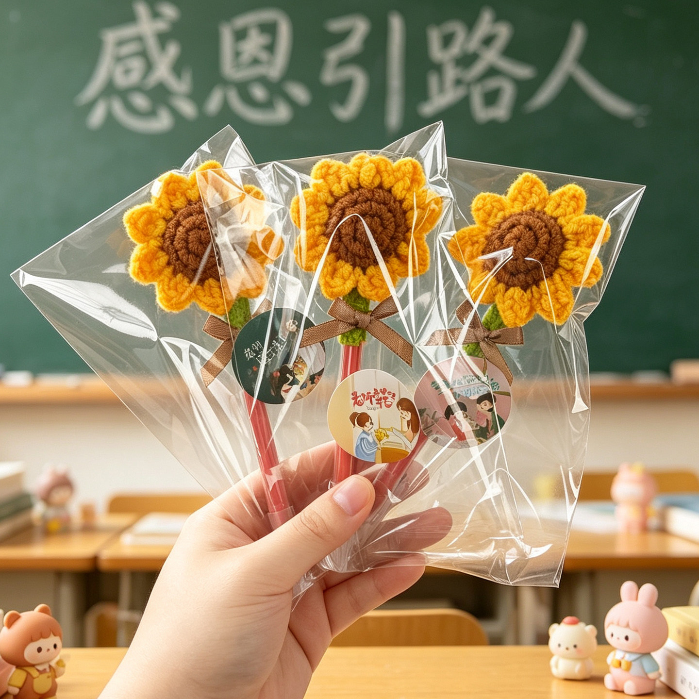 教师节向日葵钩织花束笔礼盒图片