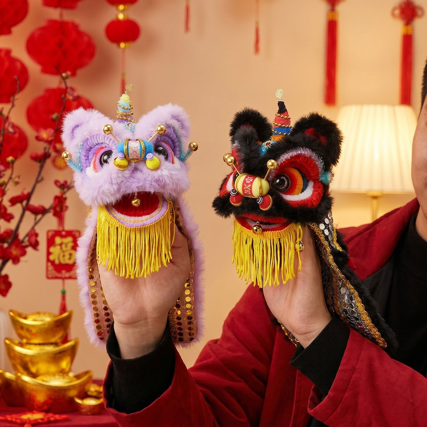 非遗手工毛绒醒狮手偶图片