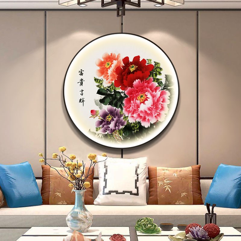 新中式牡丹花装饰画走廊过道餐厅挂画卧室床头客厅玄关圆形带灯画图片