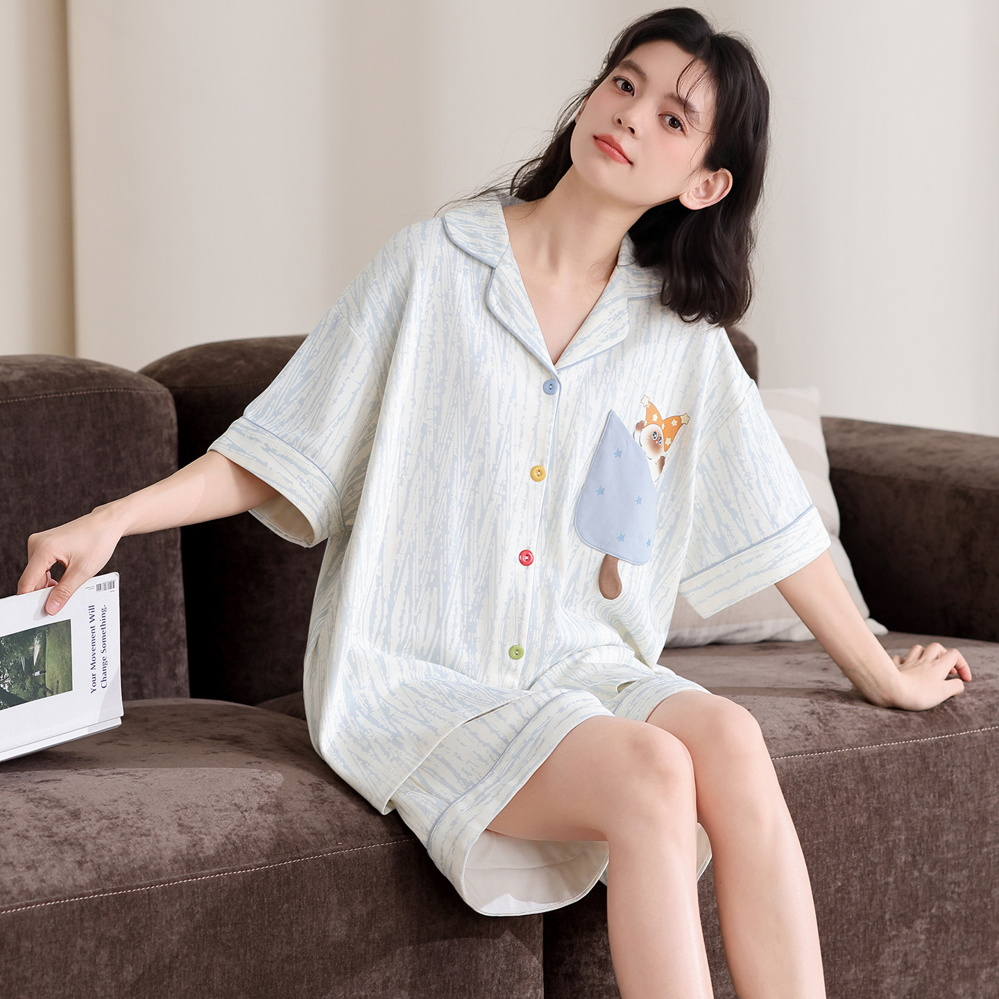 高级感睡衣女夏薄款纯棉短袖短裤甜美可爱卡通开衫家居服套装7852