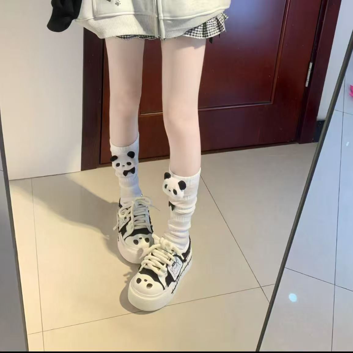 日系软妹堆堆袜可爱软妹lolita蝴蝶结中筒袜黑白熊猫百搭小腿袜jk