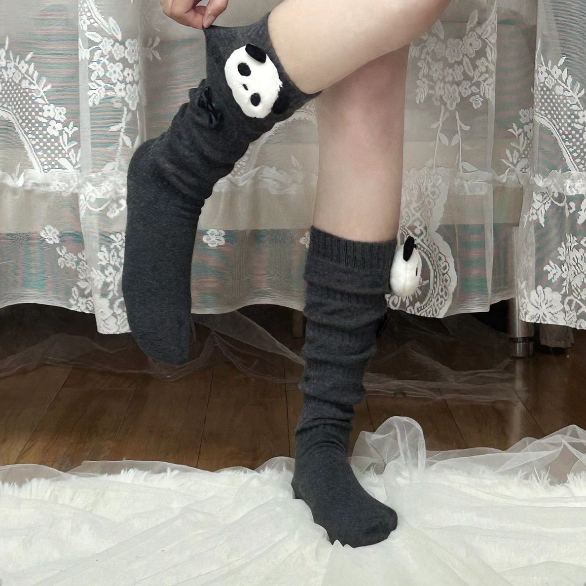 中筒堆堆卡通可爱百搭女袜白色春秋袜子熊猫jk玩偶立体女中筒