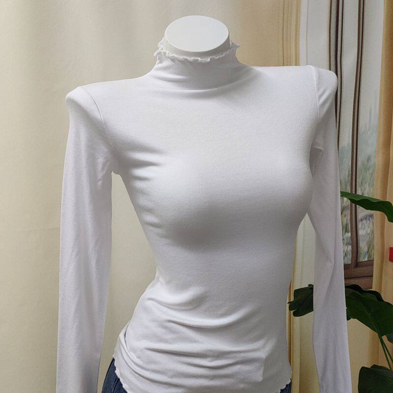 双面德绒半高领木耳边打底衫女