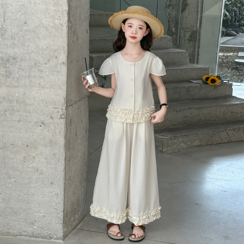 女童夏装蕾丝套装2025新款儿童洋气时尚花边上衣裤子女大童两件套