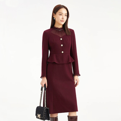 优雅拼接假两件羊毛呢连衣裙