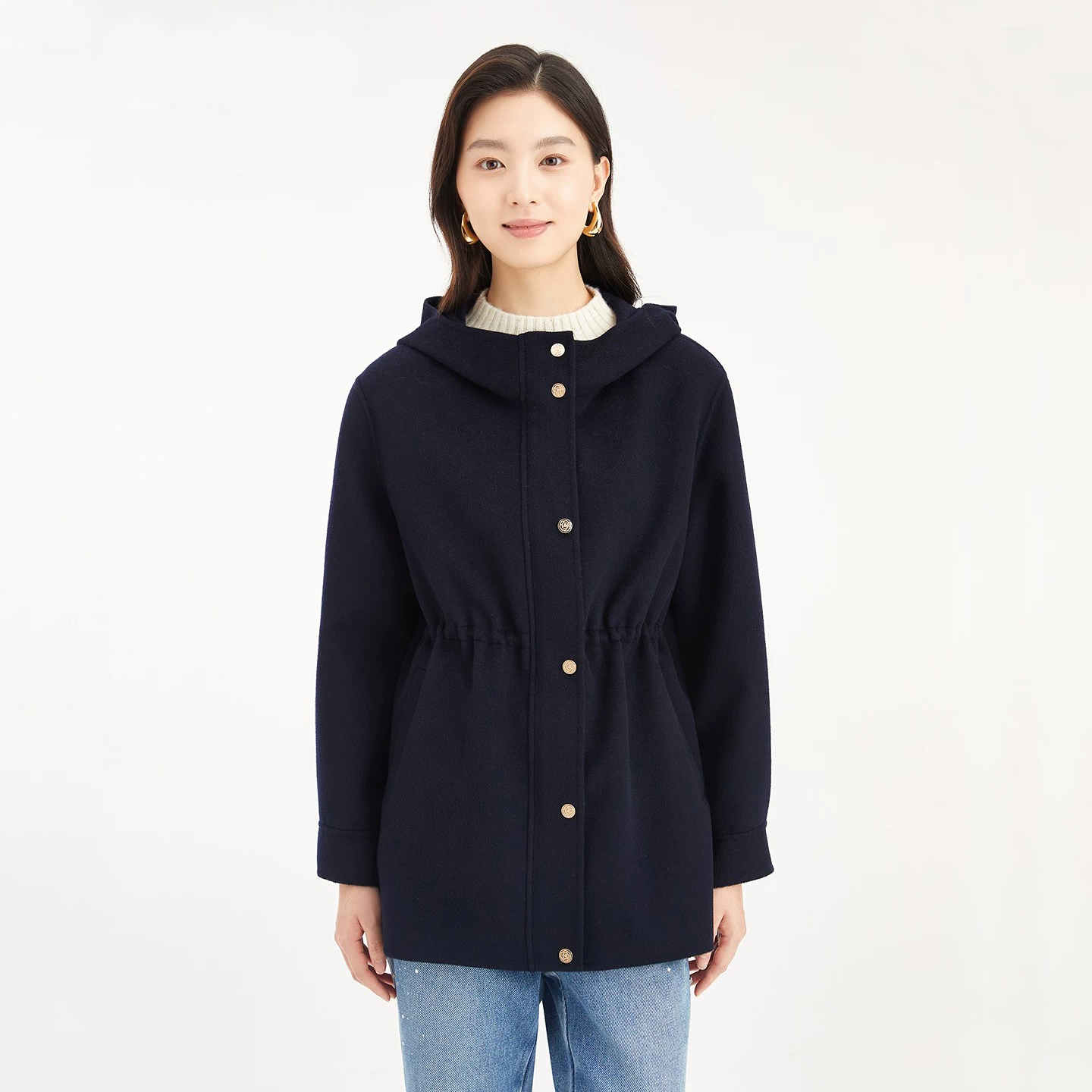 百搭抽绳连帽绵羊毛呢大衣外套