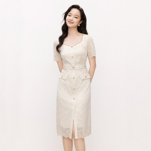 法式优雅中长款蕾丝连衣裙