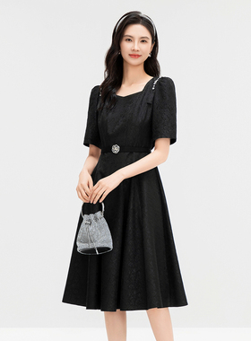 珂莱商场同款2025夏季新款女装方领显瘦玫瑰提花连衣裙KF11819W0