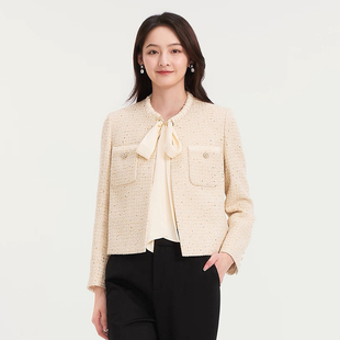 珂莱商场同款2026春季新款女装飘带长袖小香风短款粗花呢外套上衣