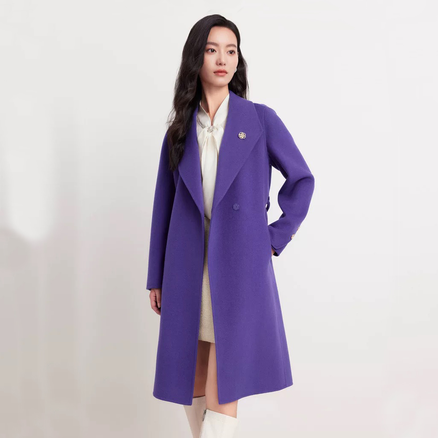 百搭系带羊毛双面毛呢大衣外套