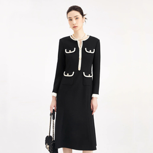 珂莱商场同款2025秋冬季新款女装气质收腰钉珠中长款羊毛呢连衣裙