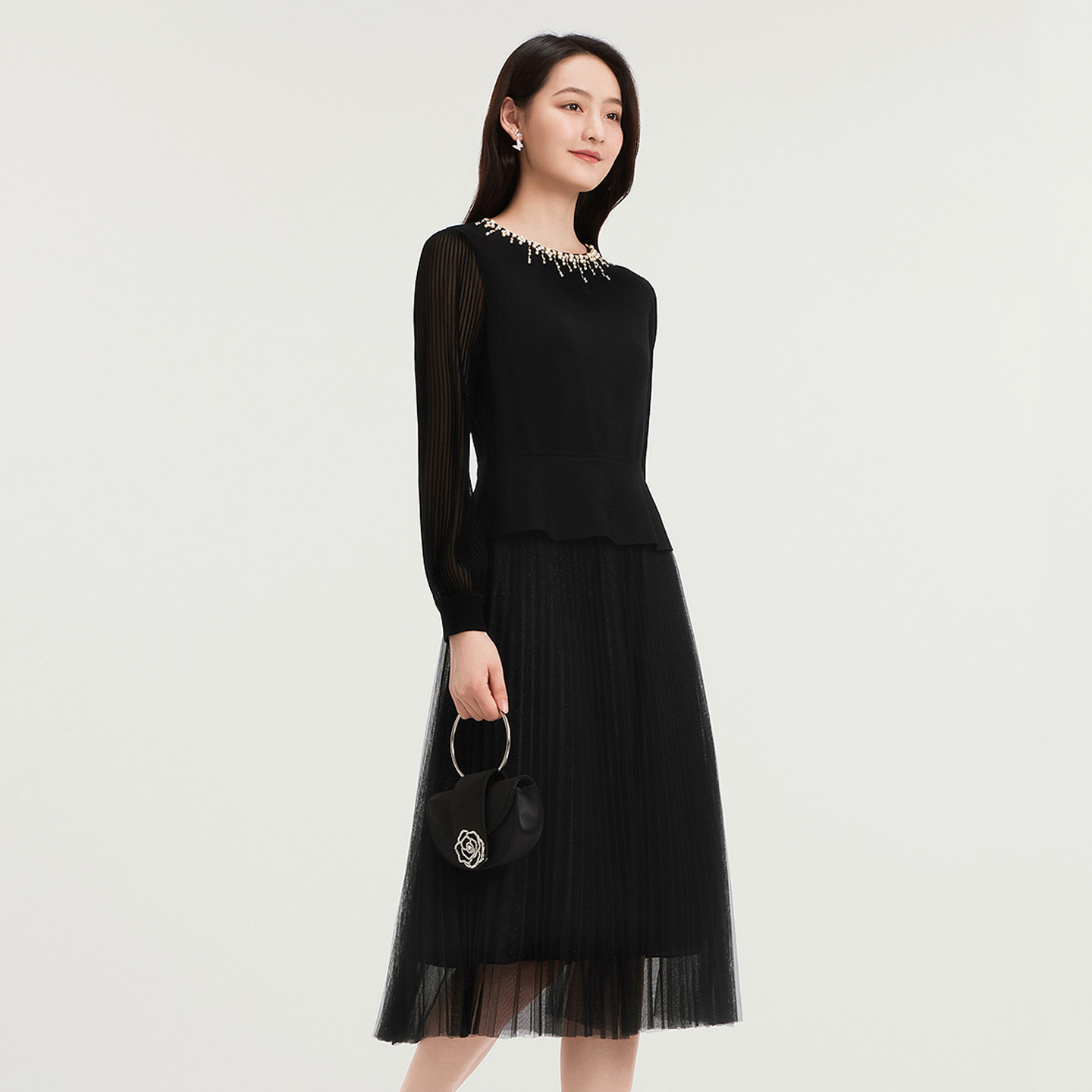 优雅拼接修身长袖针织连衣裙