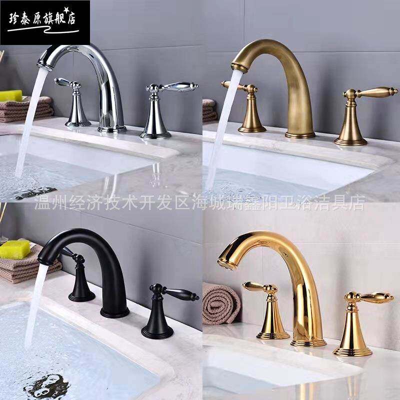 欧式三孔8寸面盆水龙头冷热仿古全铜浴室柜分体式三件套金色欧式