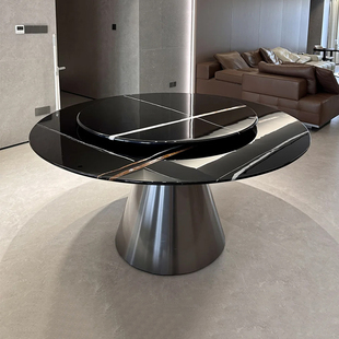 戎匠劳伦黑金奢石餐桌椅圆桌组合现代简约小户型吃饭大理石圆形桌