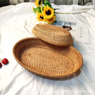 藤编篮子椭圆面包篮家用馒头点心果蔬托盘厨房点心果盘椭圆收纳筐