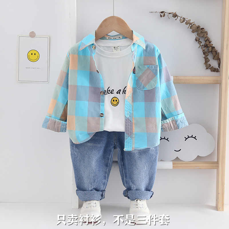 男童长袖格子衬衫儿童翻领薄款上衣宝宝纯棉休闲春秋衬衣童装