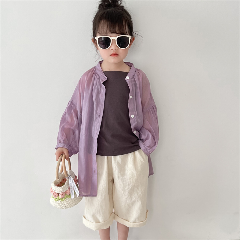 2025春季新品儿童衬衫长袖女童开衫圆领纯色韩版宽松男童防晒衣