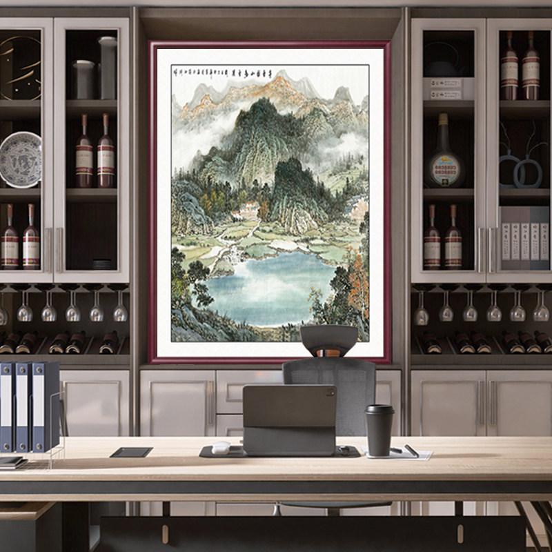 竖版聚宝盆山水风景画办公室挂画客厅玄关装饰画茶室背景靠山国画