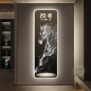 轻奢一马当先玄关装饰画高级感钟表入户门挂画电子屏挂钟时钟壁画