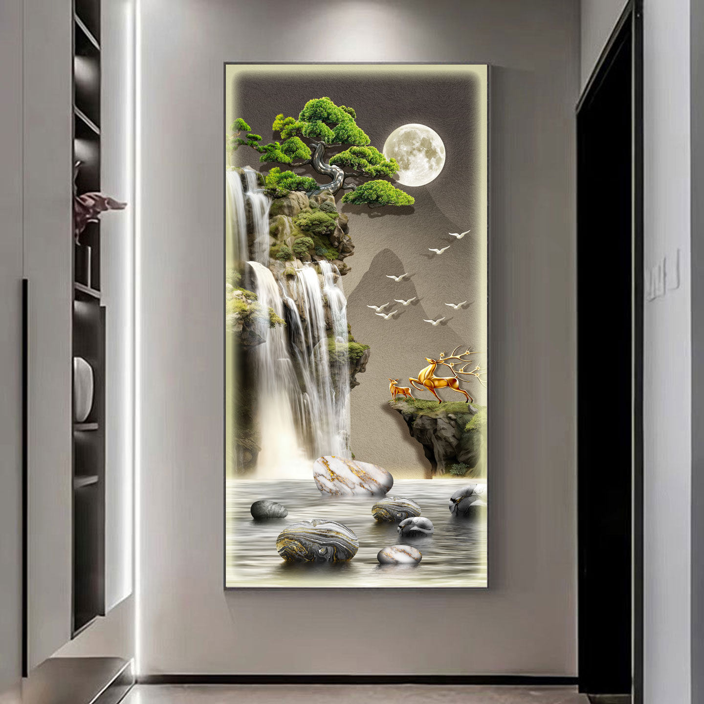 流水生财轻奢高端玄关画入户门装饰画新中式山水风景LED带灯壁画