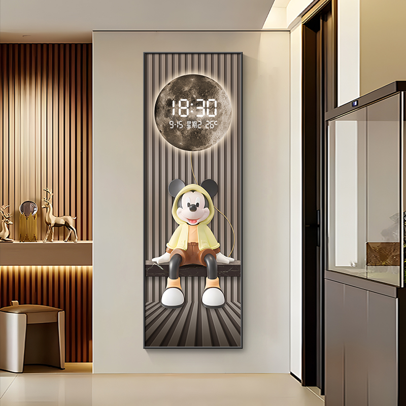 卡通米奇入户玄关装饰画数显时钟客厅过道走廊挂画电子钟表壁灯画