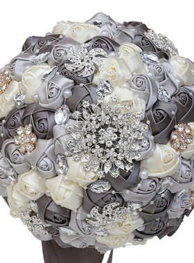 缎带新娘手捧花婚礼手捧花水钻手捧花银色灰色奶色PL001-D