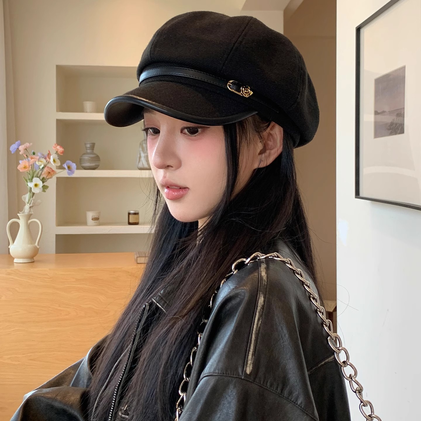 Global Treasure—日系复古文艺风黑色鸭舌贝雷帽女休闲百搭气质