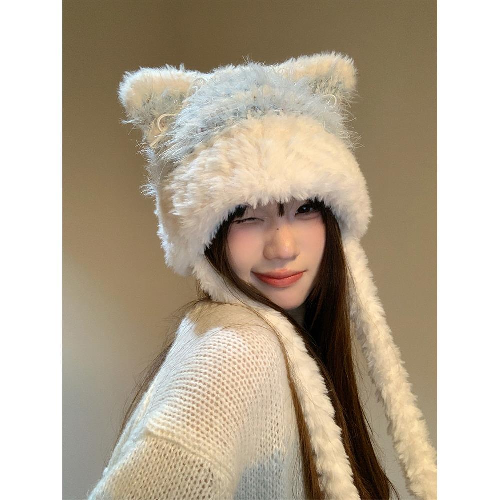 新款秋冬可爱毛绒帽蝴蝶结猫耳针织帽子保暖日系甜美显脸小雷锋帽
