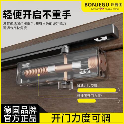 德国邦捷固滑槽轨道欧式闭门器液压缓冲家用30-140KG门器弹哑光黑