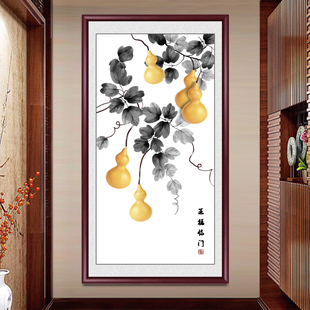 五福临门新中式 葫芦实木壁画 入户玄关装 饰画挂画入户走廊过道竖版