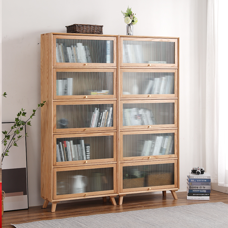 北欧全实木家用组合书柜储物柜落地书架带玻璃门日式展示收纳柜子