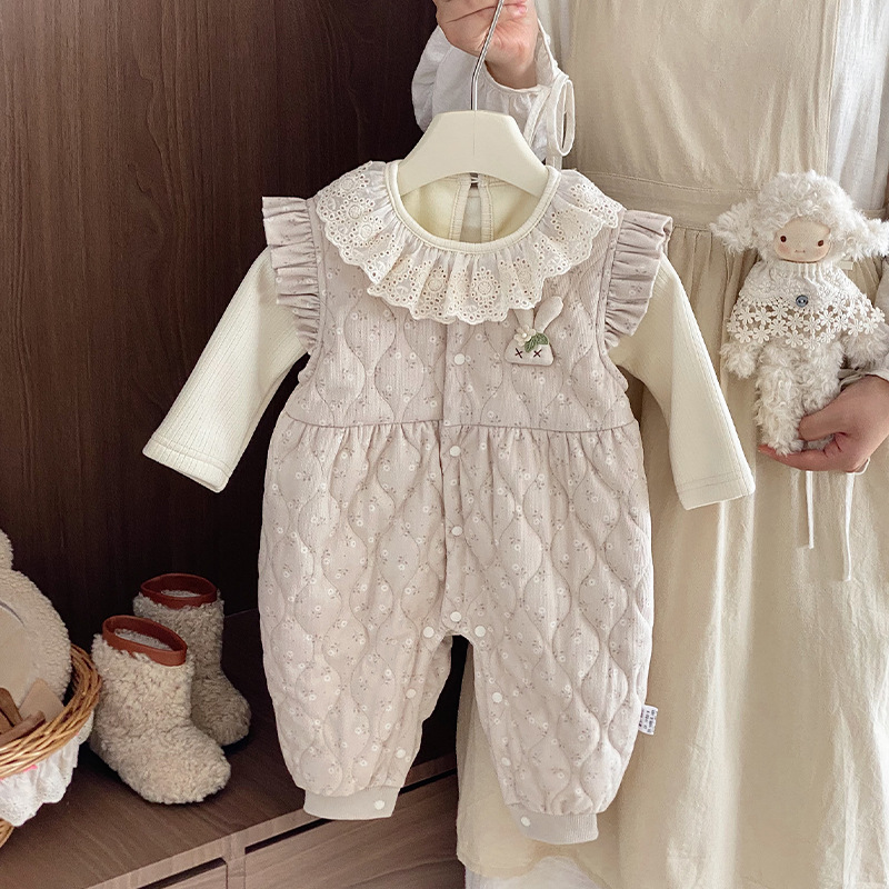 柏艺-婴儿秋冬套装2025新款女宝宝加绒打底衫夹棉背带裤冬季衣服