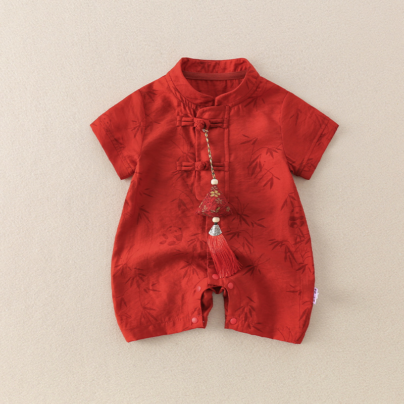 柏艺-婴儿夏装衣服男宝宝国风新中式连体衣满月百天周岁哈衣夏季