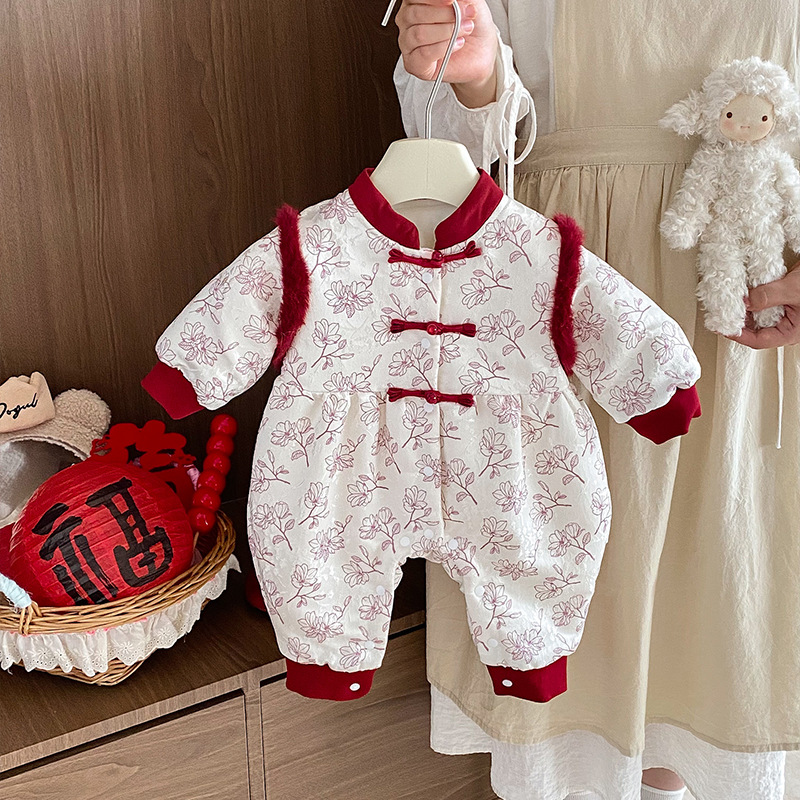 柏艺-婴儿衣服秋冬装宝宝夹棉连体衣新中式拜年服初冬满月百天周