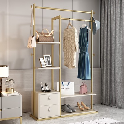 轻奢衣帽架落地卧室现代简约穿衣镜挂衣一体多功能抽屉置物铁艺架