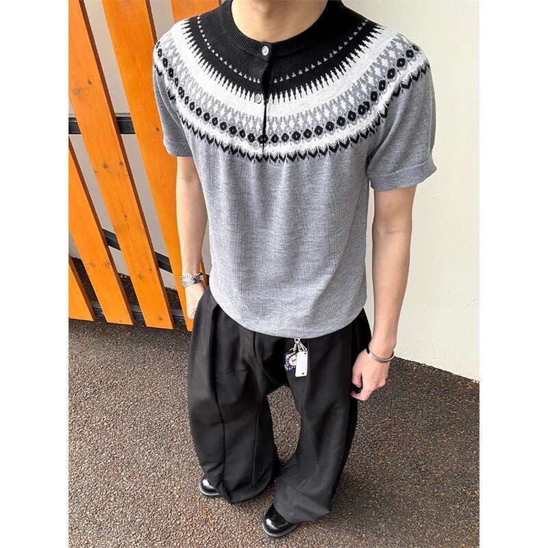 费尔岛针织衫短袖男款高级感正肩亨利领t恤cleanfit老钱风半截袖