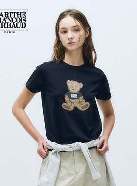 MARITHE女士涂鸦熊短袖T恤 潮流舒适休闲圆领上衣 2025年夏季韩系